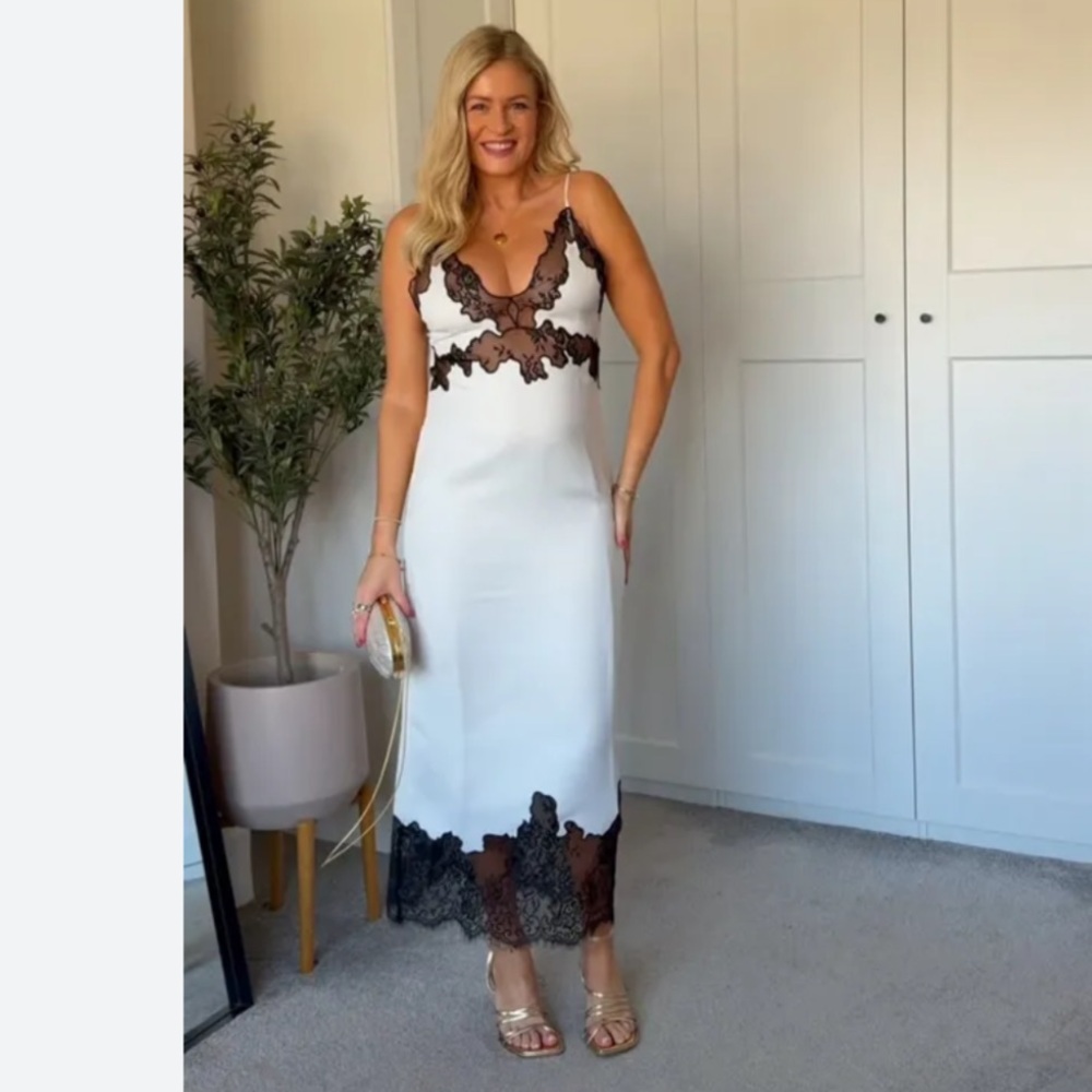 H&M White Midi Slip Dress with Black Lace Trim - Picture 2 of 9